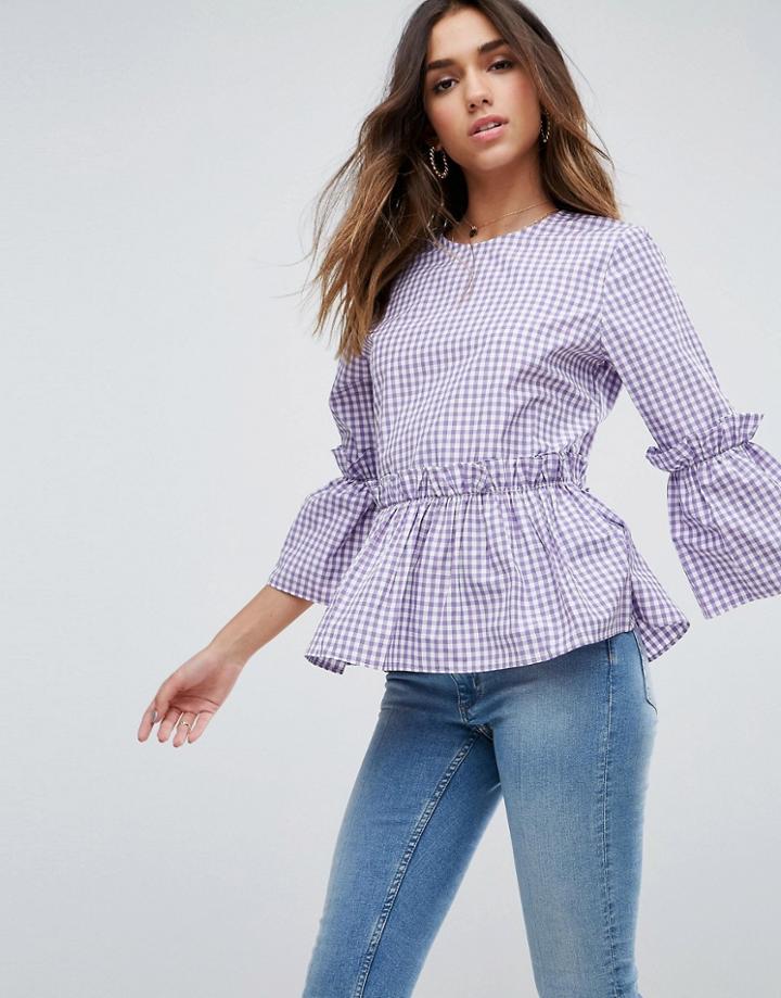 Asos Cotton Ruffle Smock Top In Gingham - Purple