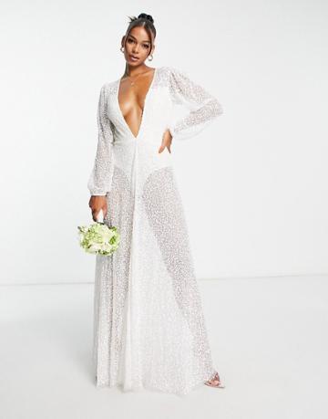 Starlet Bridal Sheer Balloon Sleeve Plunge Sequin Maxi Dress In Ivory Trailing Sequin-white