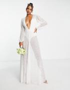 Starlet Bridal Sheer Balloon Sleeve Plunge Sequin Maxi Dress In Ivory Trailing Sequin-white