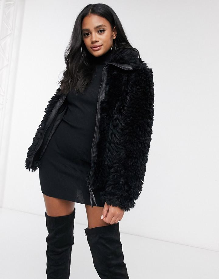 Missguided Boxy Oversized Borg Coat In Black