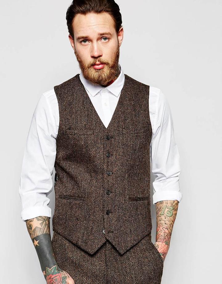 Asos Slim Waistcoat In Brown Harris Tweed - Brown