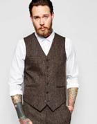 Asos Slim Waistcoat In Brown Harris Tweed - Brown