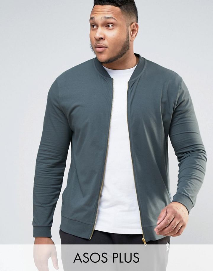 Asos Plus Muscle Fit Jersey Bomber Jacket In Blue - Blue