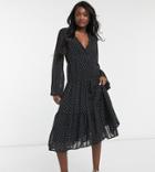 Y.a.s Tall Tiered Midi Dress With V Neck In Black Polkadot Print
