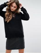 New Look Chunky Lace Front Sweater - Black