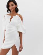 Asos Design Ruffle Detail Cold Shoulder Mini Dress-white