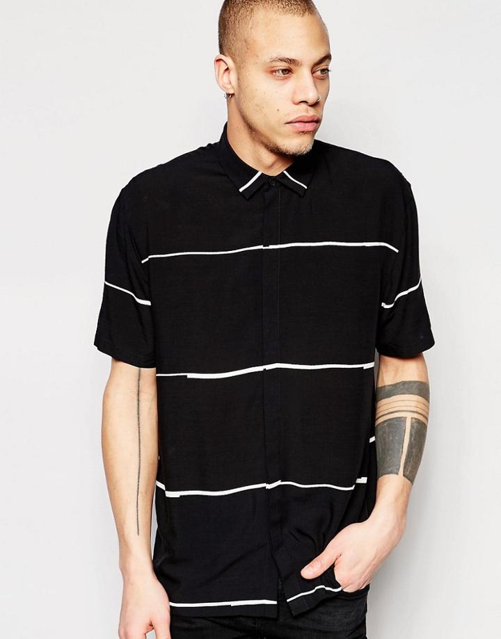 Asos Stripe Shirt With Batwing Short Sleeves In Regular Fit - Black