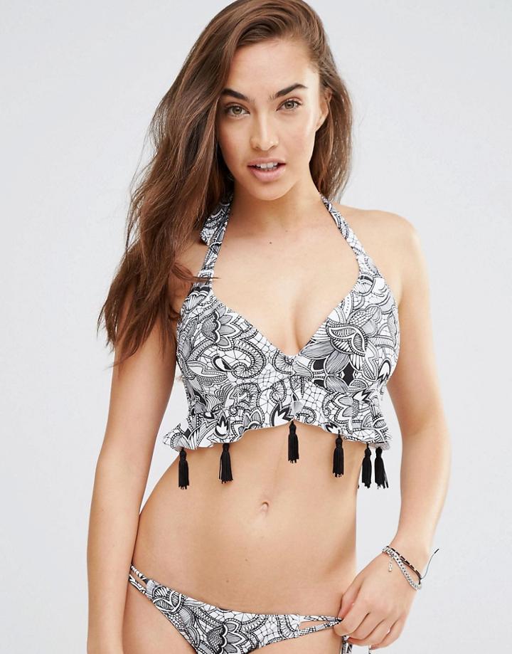 Asos Fuller Bust Mono Print Tassle Hidden Underwire Frill Bikini Top Dd-g - Mono Print