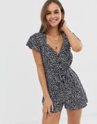 Asos Design Frill Sleeve Romper With Cut Out Back In Navy Animal Print