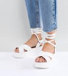 Raid Wide Fit Alma White Flatform Ankle Tie Sandals - White