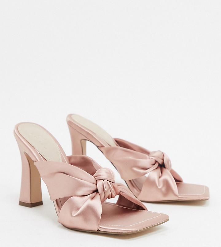 Asos Design Wide Fit Norbiton Satin Twist Mules In Beige-neutral