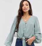 Asos Design Tall Long Sleeve Button Front Top With Tie Detail