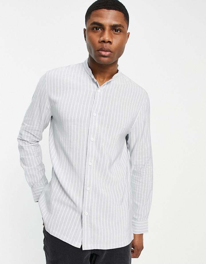 Bershka Striped Grandad Shirt In Blue