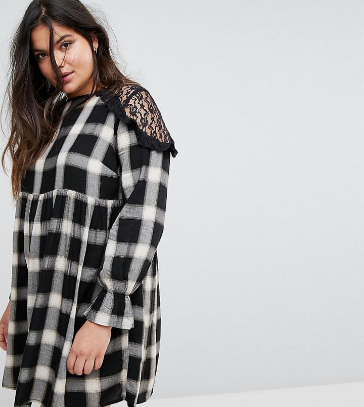 Simply Be Lace Insert Check Smock Dress - Multi