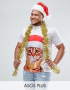Asos Plus Holidays Longline T-shirt With Cat Print - White