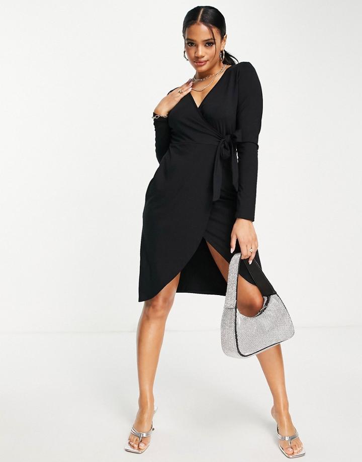 In The Style Long Sleeve Wrap Midi Dress In Black