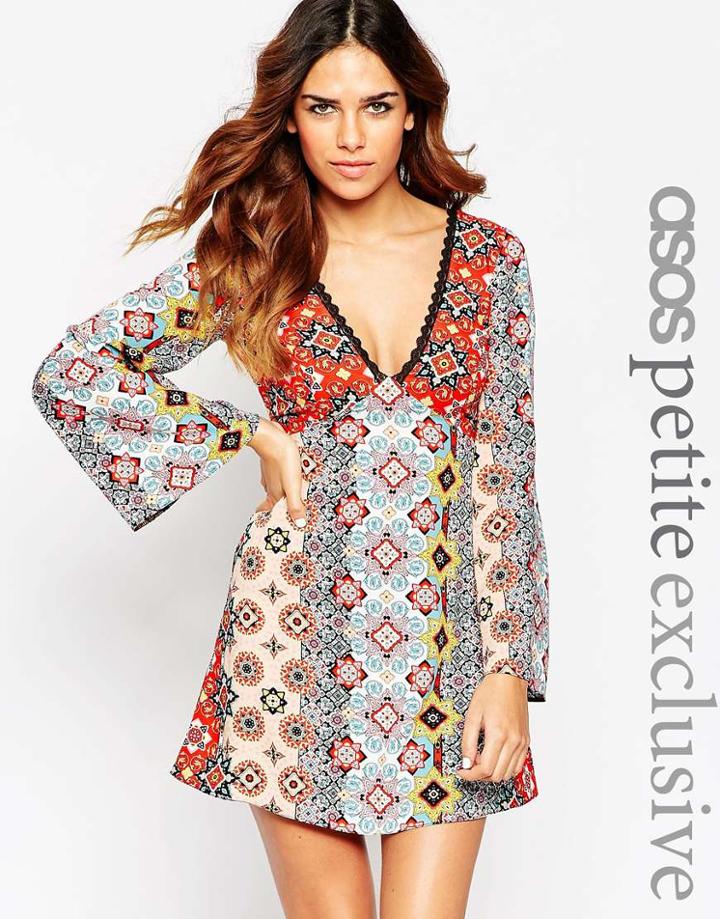 Asos Petite Lace Back Flare Sleeve Dress In 70s Print - Print