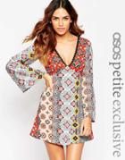 Asos Petite Lace Back Flare Sleeve Dress In 70s Print - Print