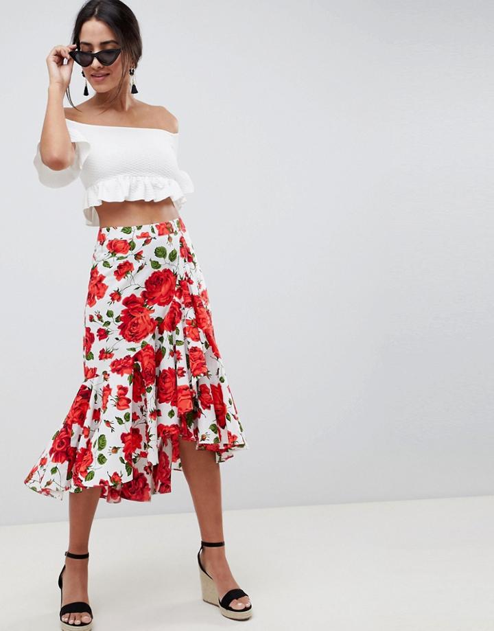 Asos Design Midi Skirt With Wrap Detail In Rose Print - Multi