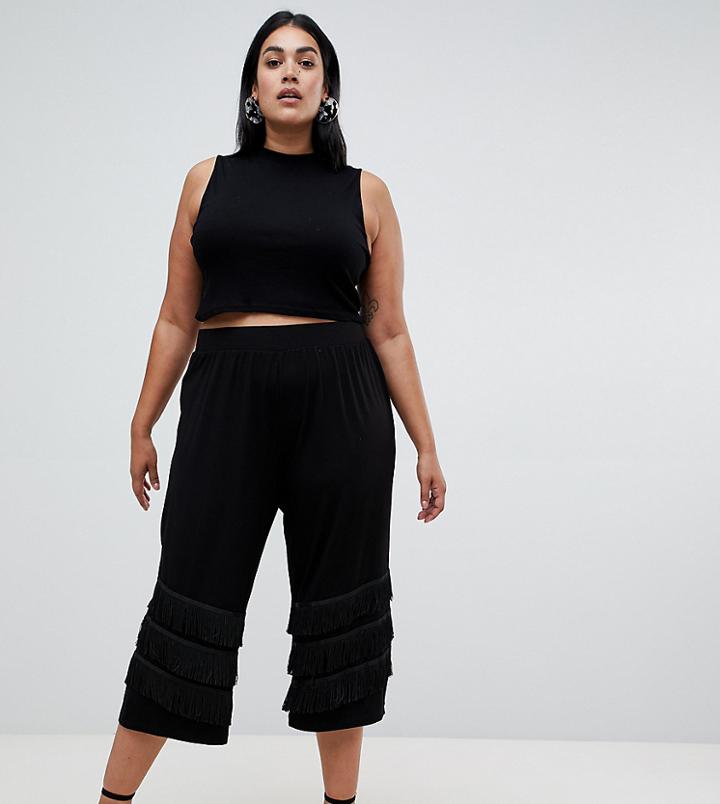 Asos Design Curve Wide Leg Pants With Fringing - Black