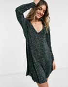 Asos Design Plisse V Neck Mini Swing Dress In Black And Forest Green Floral