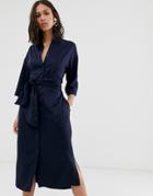 Native Youth Button Through Midi Shirt Dress With Tie Waist - Navy