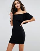 Asos Off Shoulder Bodycon Dress In Rib With Frill - Black