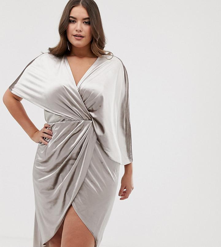 Asos Design Curve Midi Dress In Velvet With Asymmetric Kimono Sleeve - Beige