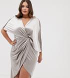 Asos Design Curve Midi Dress In Velvet With Asymmetric Kimono Sleeve - Beige