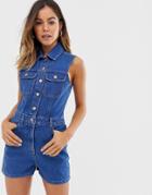 Asos Design Denim Sleeveless Button Romper-blue