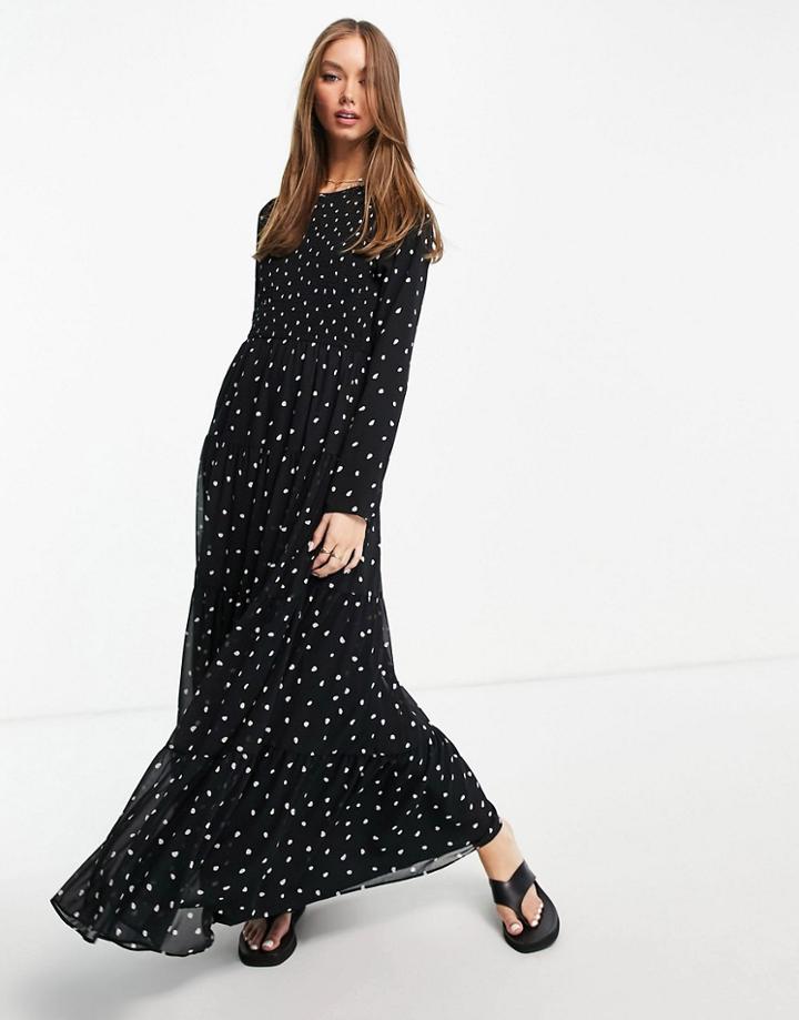 Asos Design Shirred Tiered Maxi Dress In Mono Polka Dot-multi