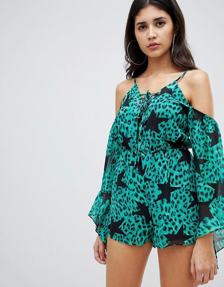 Rare Cold Shoulder Lace Up Romper - Green