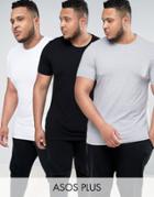 Asos Plus 3 Pack Longline Muscle T-shirt With Crew Neck Save - Multi