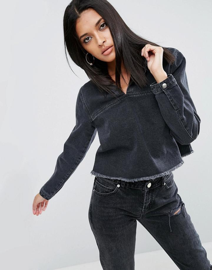 Asos Denim Cropped Hoodie Top In Washed Black - Black