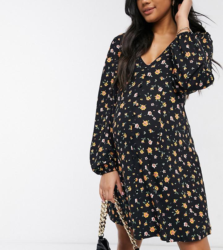 Asos Design Maternity Button Through Mini Tea Dress In Black And Orange Floral-green