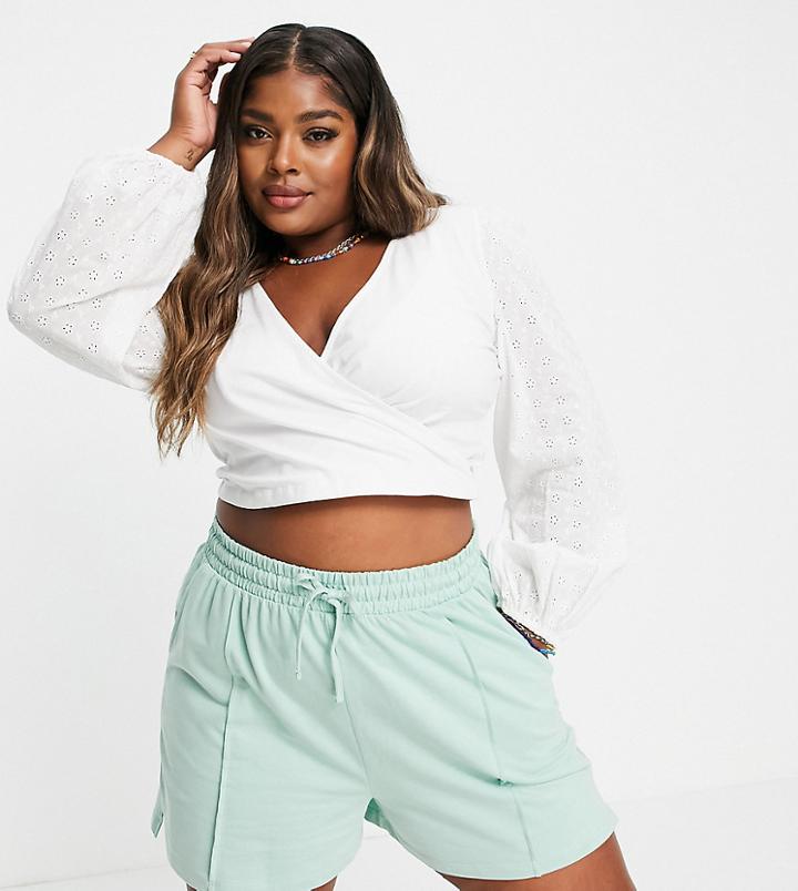 Asos Design Curve Wrap Top With Broidery Sleeve In White
