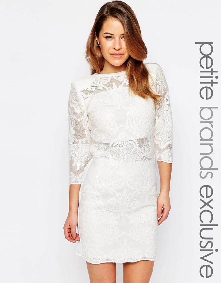 John Zack Petite All Over Baroque Sequin Mesh Mini Dress With Plunge Back - White