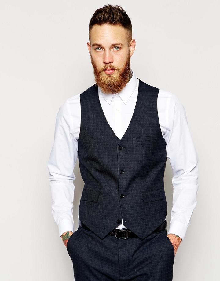 Asos Slim Vest In Check - Navy