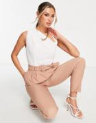 Asos Design 2-in-1 Asymmetric Neck Chiffon Jumpsuit In Tea And Ivory-pink