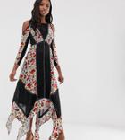 Frock And Frill Tall Floral Printed Velvet Hanky Hem Dress With Cold Shoulder-multi