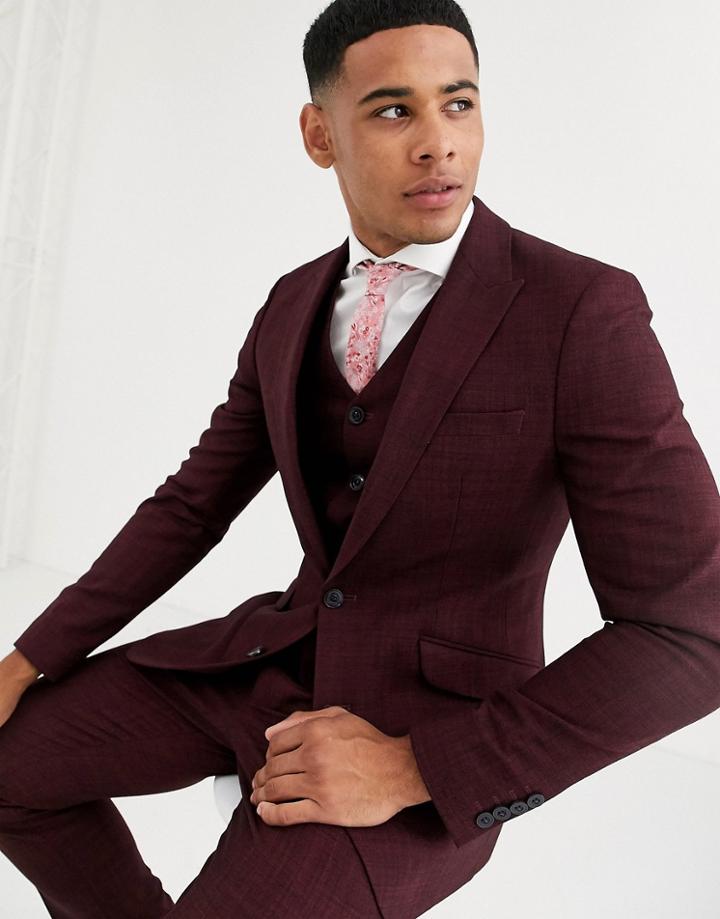 Asos Design Wedding Skinny Suit Jacket In Wine Crosshatch