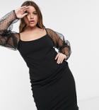 Asos Design Curve Textured Mesh Sleeve Wrap Midi Dress In Black