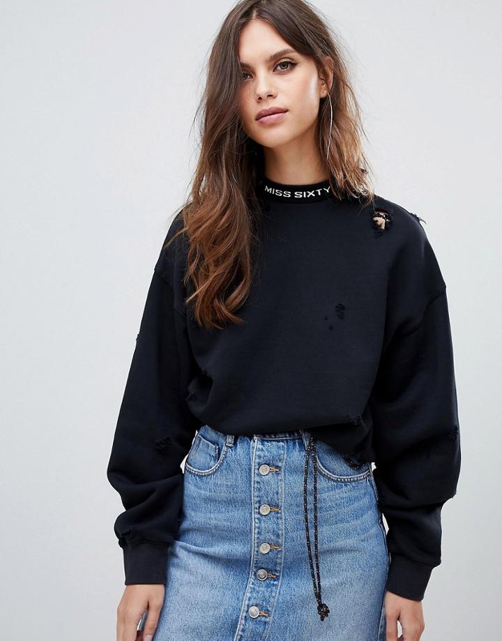 Miss Sixty Sweatshirt With Distressing And Neck Logo - Black