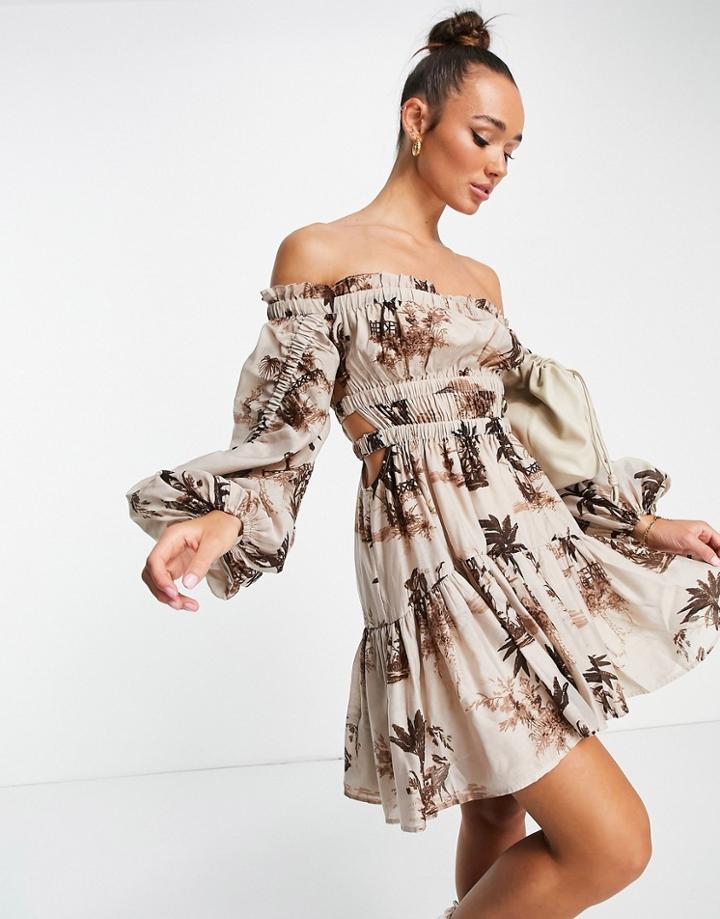 Asos Design Ruched Paneled Off-the-shoulder Mini Dress In Palm Print-multi