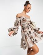 Asos Design Ruched Paneled Off-the-shoulder Mini Dress In Palm Print-multi