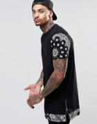 Asos Super Longline T-shirt With Bandana Print And Zips In Black - Black