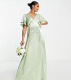 Topshop Petite Eco Vera Blend Bridesmaid Heart Cut Out Back Midi Dress In Sage-green