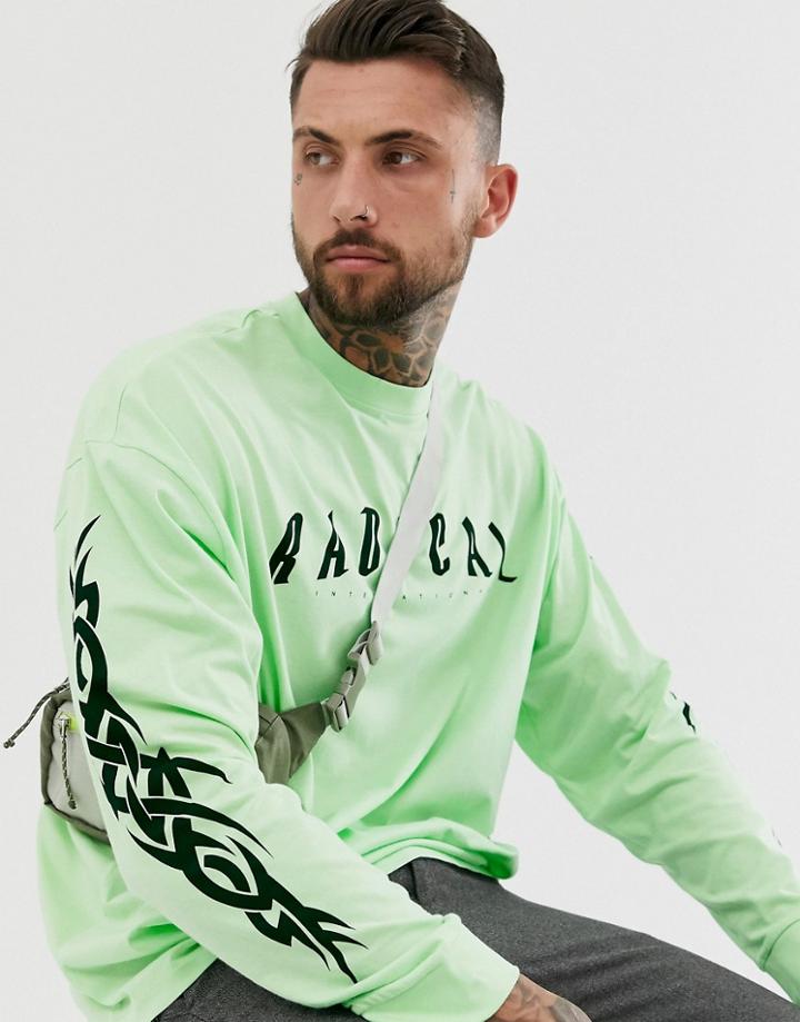 Asos Design Oversized Long Sleeve T-shirt With Radical Chest And Sleeve Print-green