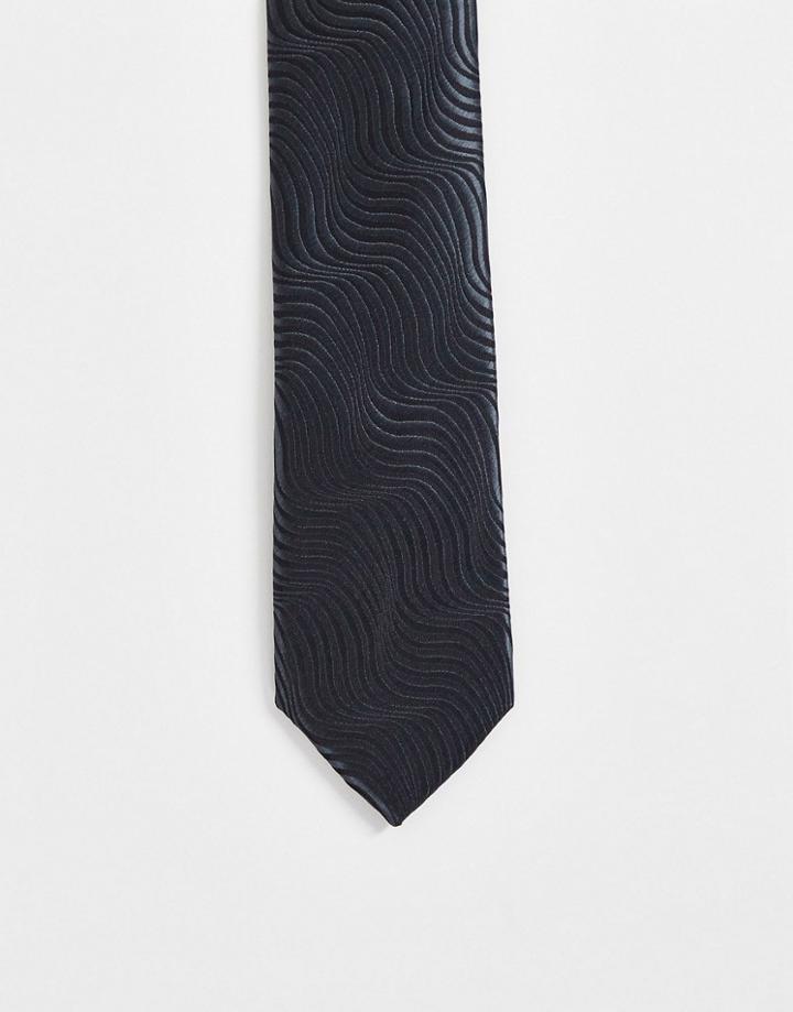 Twisted Tailor Tie In Black With Tonal Wave Pattern