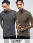 Asos 2 Pack Extreme Muscle T-shirt In Charcoal Marl/green Marl With Turtleneck Save - Multi